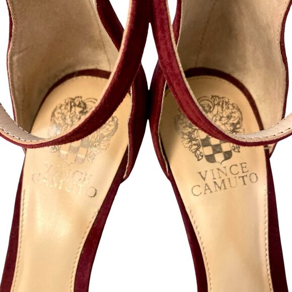 VINCE CAMUTO Court Suede Open Toe Ankle Strap Heels Chianti - Picture 4 of 11